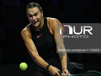 RIYADH, SAUDI ARABIA - NOVEMBER 06: Aryna Sabalenka of Belarus during her match against Elena Rybakina of Kazakhstan, on Day 5 of the 2024 W...