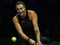 RIYADH, SAUDI ARABIA - NOVEMBER 06: Aryna Sabalenka of Belarus during her match against Elena Rybakina of Kazakhstan, on Day 5 of the 2024 W...