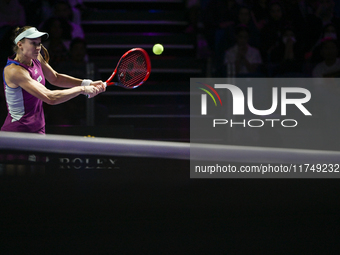 RIYADH, SAUDI ARABIA - NOVEMBER 06: Elena Rybakina of Kazakhstan during her match against Aryna Sabalenka of Belarus, on Day 5 of the 2024 W...