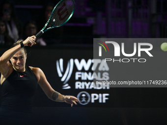 RIYADH, SAUDI ARABIA - NOVEMBER 06: Aryna Sabalenka of Belarus during her match against Elena Rybakina of Kazakhstan, on Day 5 of the 2024 W...