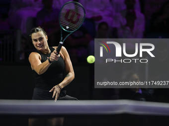 RIYADH, SAUDI ARABIA - NOVEMBER 06: Aryna Sabalenka of Belarus during her match against Elena Rybakina of Kazakhstan, on Day 5 of the 2024 W...