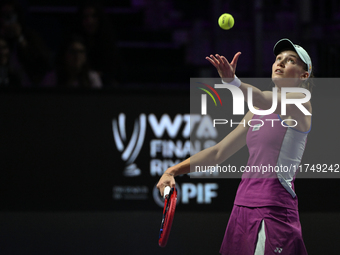 RIYADH, SAUDI ARABIA - NOVEMBER 06: Elena Rybakina of Kazakhstan during her match against Aryna Sabalenka of Belarus, on Day 5 of the 2024 W...