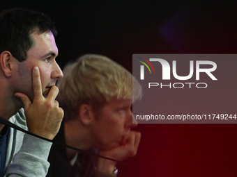 RIYADH, SAUDI ARABIA - NOVEMBER 06: Anton Dubrov, a Belarusian tennis coach watching his player Aryna Sabalenka during her match against Ele...