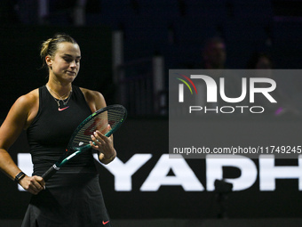 RIYADH, SAUDI ARABIA - NOVEMBER 06: Aryna Sabalenka of Belarus during her match against Elena Rybakina of Kazakhstan, on Day 5 of the 2024 W...