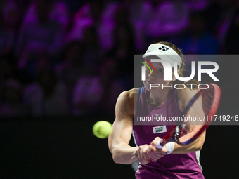 RIYADH, SAUDI ARABIA - NOVEMBER 06: Elena Rybakina of Kazakhstan during her match against Aryna Sabalenka of Belarus, on Day 5 of the 2024 W...