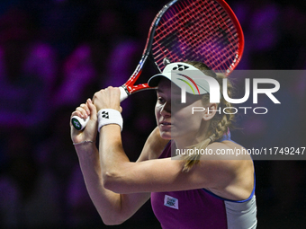 RIYADH, SAUDI ARABIA - NOVEMBER 06: Elena Rybakina of Kazakhstan during her match against Aryna Sabalenka of Belarus, on Day 5 of the 2024 W...