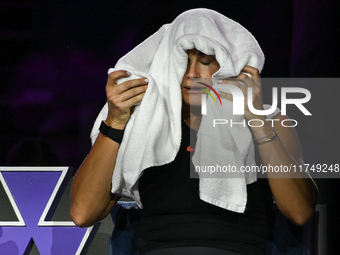 RIYADH, SAUDI ARABIA - NOVEMBER 06: Aryna Sabalenka of Belarus during her match against Elena Rybakina of Kazakhstan, on Day 5 of the 2024 W...