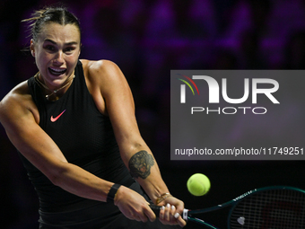 RIYADH, SAUDI ARABIA - NOVEMBER 06: Aryna Sabalenka of Belarus during her match against Elena Rybakina of Kazakhstan, on Day 5 of the 2024 W...