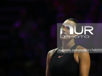 RIYADH, SAUDI ARABIA - NOVEMBER 06: Aryna Sabalenka of Belarus during her match against Elena Rybakina of Kazakhstan, on Day 5 of the 2024 W...