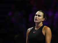 RIYADH, SAUDI ARABIA - NOVEMBER 06: Aryna Sabalenka of Belarus during her match against Elena Rybakina of Kazakhstan, on Day 5 of the 2024 W...