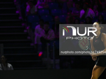 RIYADH, SAUDI ARABIA - NOVEMBER 06: Aryna Sabalenka of Belarus during her match against Elena Rybakina of Kazakhstan, on Day 5 of the 2024 W...