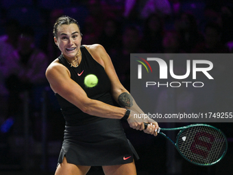 RIYADH, SAUDI ARABIA - NOVEMBER 06: Aryna Sabalenka of Belarus during her match against Elena Rybakina of Kazakhstan, on Day 5 of the 2024 W...