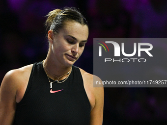 RIYADH, SAUDI ARABIA - NOVEMBER 06: Aryna Sabalenka of Belarus during her match against Elena Rybakina of Kazakhstan, on Day 5 of the 2024 W...