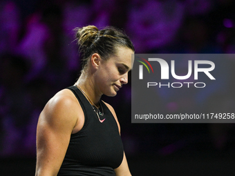 RIYADH, SAUDI ARABIA - NOVEMBER 06: Aryna Sabalenka of Belarus during her match against Elena Rybakina of Kazakhstan, on Day 5 of the 2024 W...