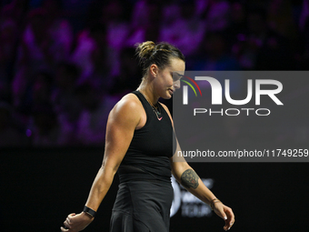 RIYADH, SAUDI ARABIA - NOVEMBER 06: Aryna Sabalenka of Belarus during her match against Elena Rybakina of Kazakhstan, on Day 5 of the 2024 W...