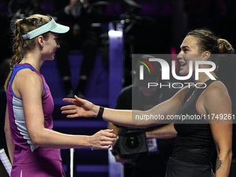 RIYADH, SAUDI ARABIA - NOVEMBER 06: Aryna Sabalenka (L) of Belarus congratulates Elena Rybakina of Kazakhstan at the end of the match, on Da...