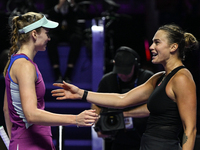 RIYADH, SAUDI ARABIA - NOVEMBER 06: Aryna Sabalenka (L) of Belarus congratulates Elena Rybakina of Kazakhstan at the end of the match, on Da...