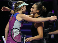 RIYADH, SAUDI ARABIA - NOVEMBER 06: Aryna Sabalenka (L) of Belarus congratulates Elena Rybakina of Kazakhstan at the end of the match, on Da...