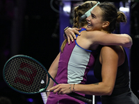 RIYADH, SAUDI ARABIA - NOVEMBER 06: Aryna Sabalenka (L) of Belarus congratulates Elena Rybakina of Kazakhstan at the end of the match, on Da...