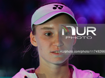 RIYADH, SAUDI ARABIA - NOVEMBER 06: Elena Rybakina of Kazakhstan speaks to the media after her win against Aryna Sabalenka of Belarus, on Da...