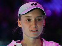 RIYADH, SAUDI ARABIA - NOVEMBER 06: Elena Rybakina of Kazakhstan speaks to the media after her win against Aryna Sabalenka of Belarus, on Da...