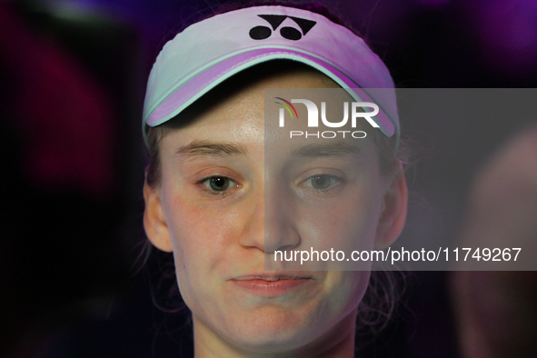 RIYADH, SAUDI ARABIA - NOVEMBER 06: Elena Rybakina of Kazakhstan speaks to the media after her win against Aryna Sabalenka of Belarus, on Da...