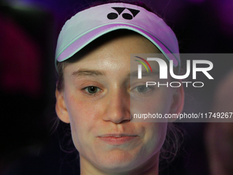 RIYADH, SAUDI ARABIA - NOVEMBER 06: Elena Rybakina of Kazakhstan speaks to the media after her win against Aryna Sabalenka of Belarus, on Da...