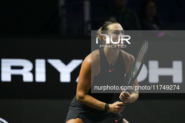 RIYADH, SAUDI ARABIA - NOVEMBER 06: Aryna Sabalenka of Belarus during her match against Elena Rybakina of Kazakhstan, on Day 5 of the 2024 W...