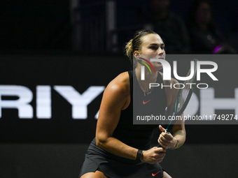 RIYADH, SAUDI ARABIA - NOVEMBER 06: Aryna Sabalenka of Belarus during her match against Elena Rybakina of Kazakhstan, on Day 5 of the 2024 W...