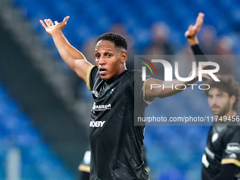 Yerry Mina of Cagliari Calcio gestures during the Serie A Enilive match between SS Lazio and Cagliari Calcio at Stadio Olimpico on November...