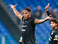 Yerry Mina of Cagliari Calcio gestures during the Serie A Enilive match between SS Lazio and Cagliari Calcio at Stadio Olimpico on November...