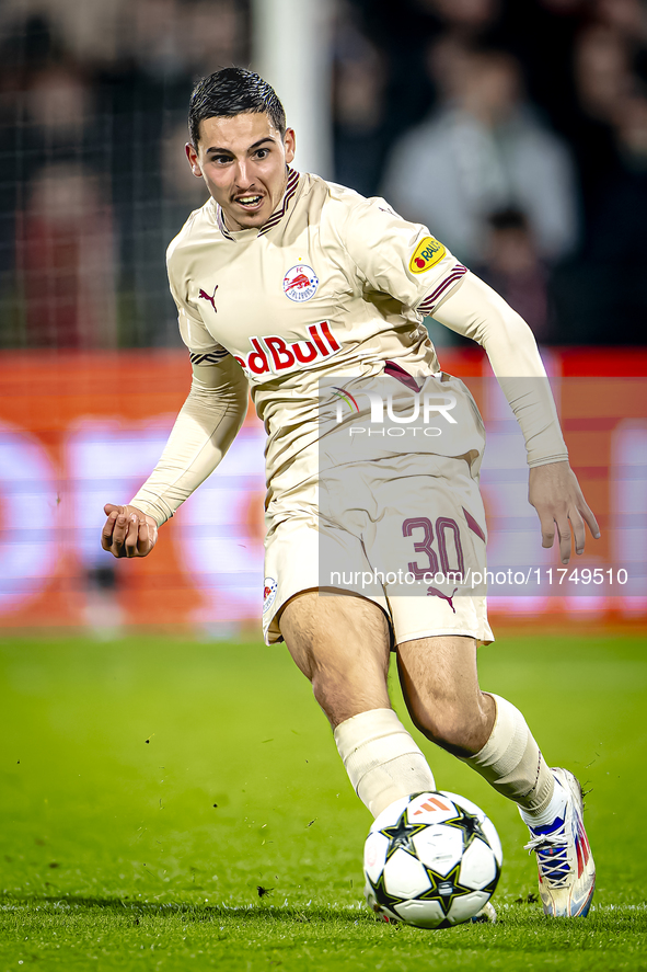 Red Bull Salzburg midfielder Oscar Gloukh plays during the match between Feyenoord and Salzburg at the Feyenoord stadium De Kuip for the UEF...