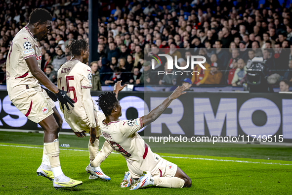 Red Bull Salzburg forward Karim Konate scores the 0-2 and celebrates the goal during the match between Feyenoord and Salzburg at the Feyenoo...