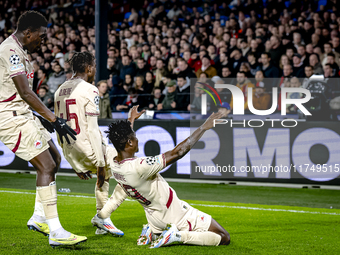 Red Bull Salzburg forward Karim Konate scores the 0-2 and celebrates the goal during the match between Feyenoord and Salzburg at the Feyenoo...