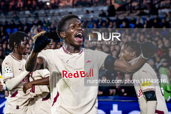 Red Bull Salzburg midfielder Lucas Gourna-Douath celebrates the goal during the match between Feyenoord and Salzburg at the Feyenoord stadiu...