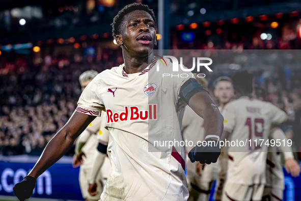 Red Bull Salzburg midfielder Lucas Gourna-Douath celebrates the goal during the match between Feyenoord and Salzburg at the Feyenoord stadiu...