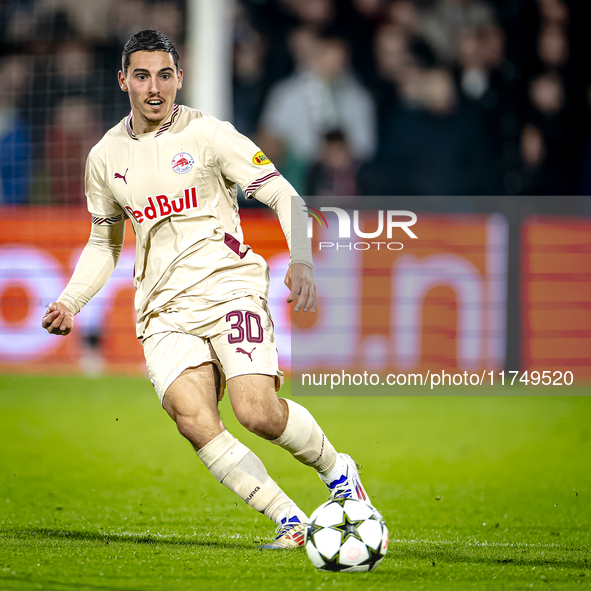 Red Bull Salzburg midfielder Oscar Gloukh plays during the match between Feyenoord and Salzburg at the Feyenoord stadium De Kuip for the UEF...