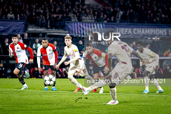 Red Bull Salzburg forward Karim Konate misses a penalty during the match between Feyenoord and Salzburg at the Feyenoord stadium De Kuip for...