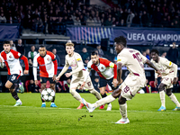 Red Bull Salzburg forward Karim Konate misses a penalty during the match between Feyenoord and Salzburg at the Feyenoord stadium De Kuip for...