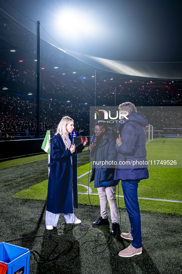 Helene Hendriks of ZIGGO Sport, Royston Drenthe of ZIGGO Sport, and Pierre van Hooijdonk of ZIGGO Sport are present during the match between...