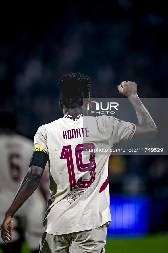 Red Bull Salzburg forward Karim Konate celebrates the 0-1 goal during the match between Feyenoord and Salzburg at the Feyenoord stadium De K...