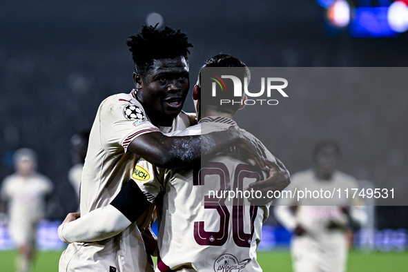 Red Bull Salzburg forward Karim Konate celebrates the 0-1 goal during the match between Feyenoord and Salzburg at the Feyenoord stadium De K...