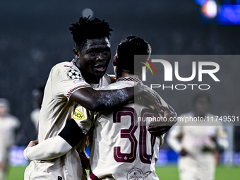 Red Bull Salzburg forward Karim Konate celebrates the 0-1 goal during the match between Feyenoord and Salzburg at the Feyenoord stadium De K...