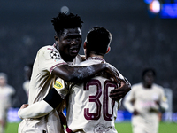 Red Bull Salzburg forward Karim Konate celebrates the 0-1 goal during the match between Feyenoord and Salzburg at the Feyenoord stadium De K...