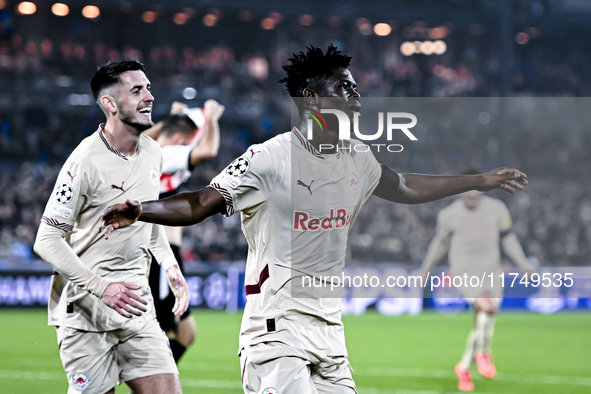 Red Bull Salzburg forward Karim Konate celebrates the 0-1 goal during the match between Feyenoord and Salzburg at the Feyenoord stadium De K...