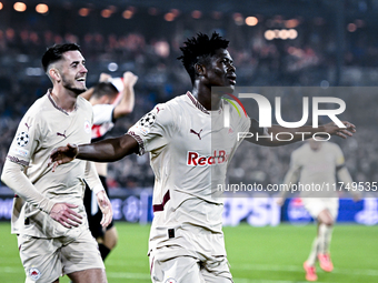 Red Bull Salzburg forward Karim Konate celebrates the 0-1 goal during the match between Feyenoord and Salzburg at the Feyenoord stadium De K...