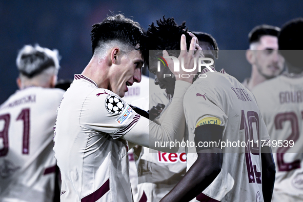 Red Bull Salzburg forward Karim Konate celebrates the 0-1 goal during the match between Feyenoord and Salzburg at the Feyenoord stadium De K...