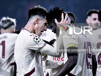 Red Bull Salzburg forward Karim Konate celebrates the 0-1 goal during the match between Feyenoord and Salzburg at the Feyenoord stadium De K...