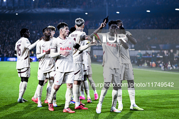 Red Bull Salzburg forward Karim Konate celebrates the 0-1 goal during the match between Feyenoord and Salzburg at the Feyenoord stadium De K...