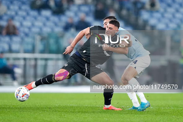 Roberto Piccoli of Cagliari Calcio and Mario Gila of SS Lazio compete for the ball during the Serie A Enilive match between SS Lazio and Cag...